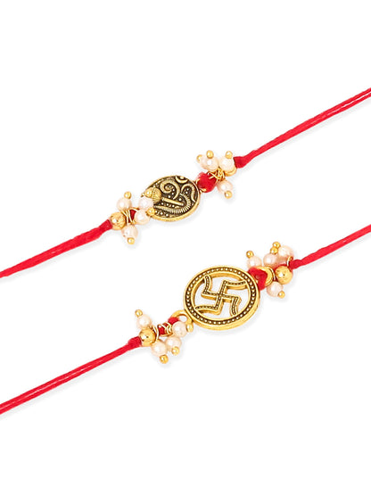 NVR Men Set of 2 Gold Toned Pearls Swastik Desgin Thread Rakhi with Roli Chawal Chandan & Mishri