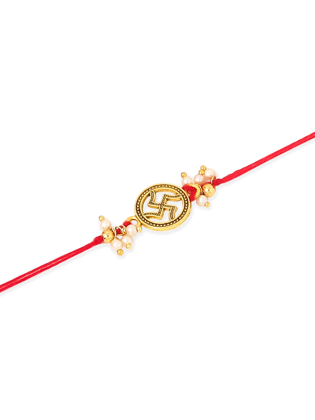 NVR Men Set of 2 Gold Toned Pearls Swastik Desgin Thread Rakhi with Roli Chawal Chandan & Mishri