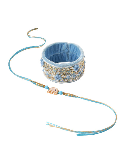 NVR Set of 2 Blue Artificial Stones & Beads Floral Bhaiya Bhabhi Rakhi Combo