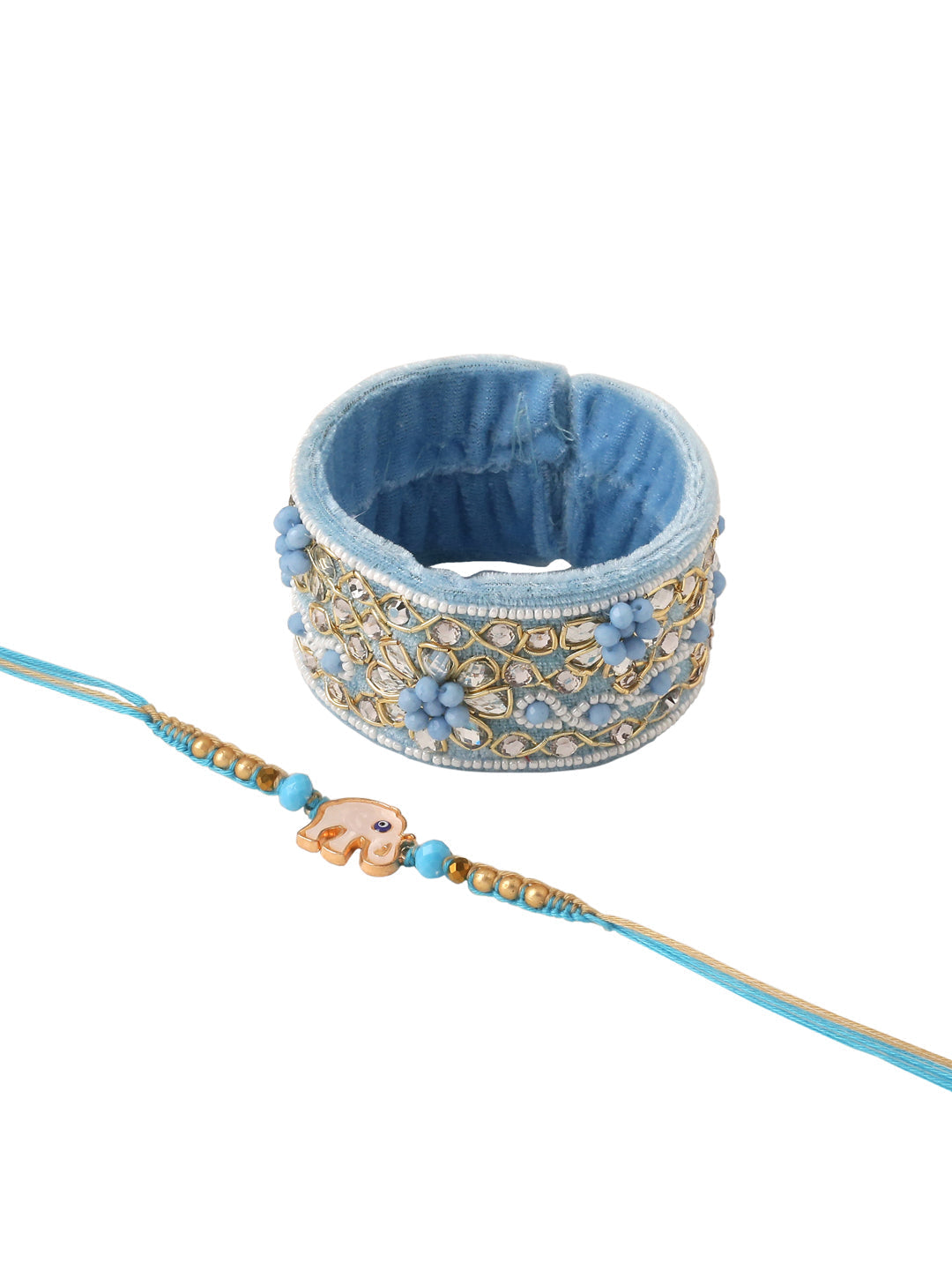 NVR Set of 2 Blue Artificial Stones & Beads Floral Bhaiya Bhabhi Rakhi with Roli Chawal Chandan & Mishri