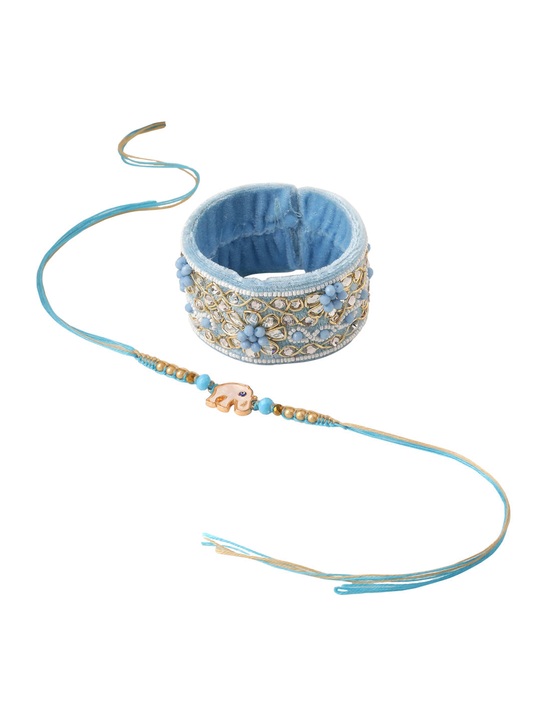 NVR Set of 2 Blue Artificial Stones & Beads Floral Bhaiya Bhabhi Rakhi with Roli Chawal Chandan & Mishri