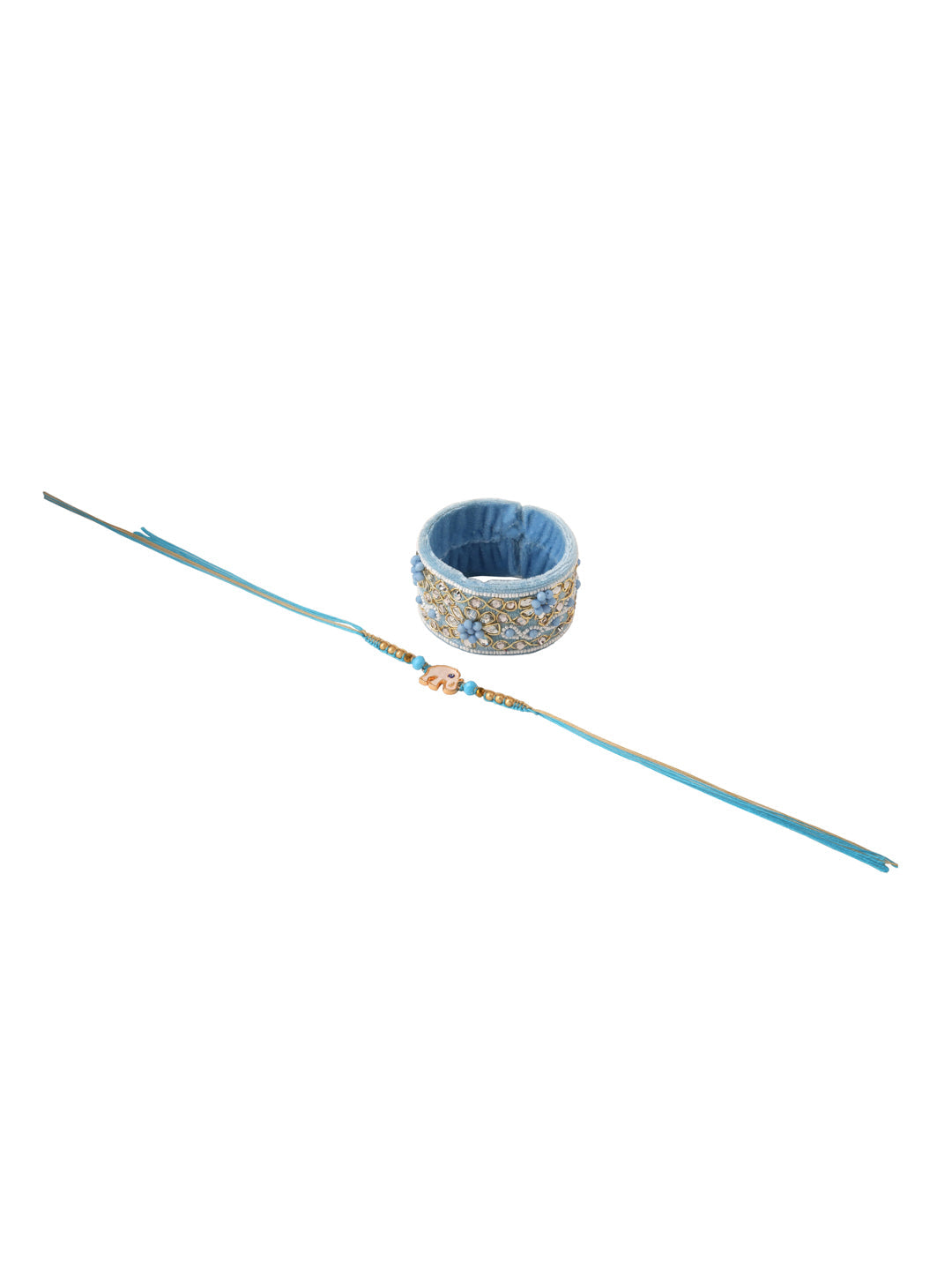 NVR Set of 2 Blue Artificial Stones & Beads Floral Bhaiya Bhabhi Rakhi with Roli Chawal Chandan & Mishri