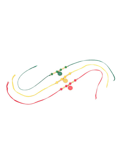 NVR Men Set of 3 Multicolor Artificial Beads Thread Rakhi with Roli Chawal Chandan & Mishri