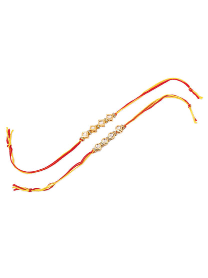 NVR Men Set of 2 Multicolor Kundan Studded Thread Rakhi with Roli Chawal Chandan & Mishri