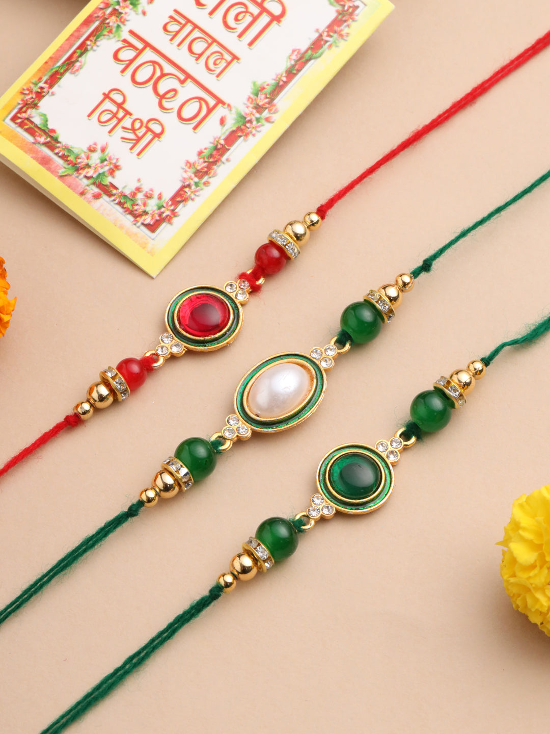 NVR Men Set of 3 Multicolor Artificial Beads & Pearls Thread Rakhi with Roli Chawal Chandan & Mishri