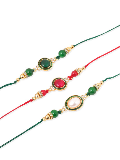 NVR Men Set of 3 Multicolor Artificial Beads & Pearls Thread Rakhi with Roli Chawal Chandan & Mishri