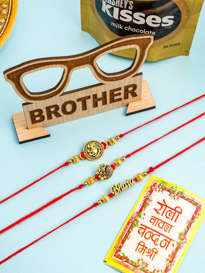 NVR Men's Set of 3 Gold Toned Thread Rakhi Set, Combo for Rakshabandhan