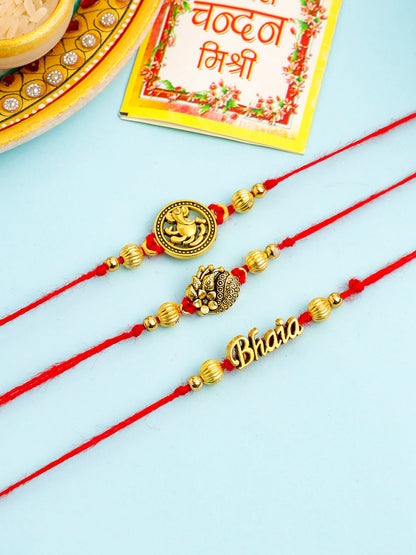 NVR Men Set of 3 Gold Toned Thread Rakhi with Roli Chawal Chandan & Mishri