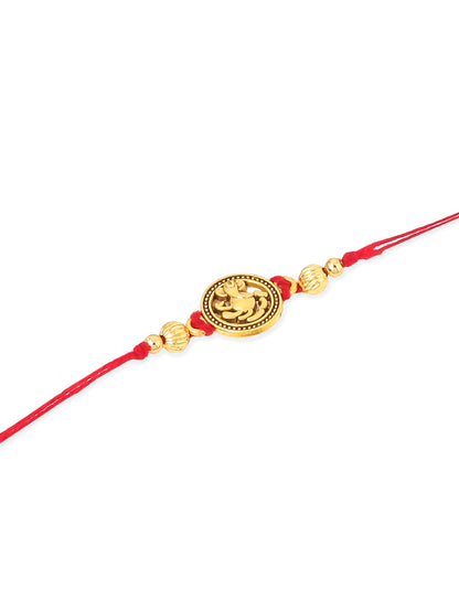 NVR Men Set of 3 Gold Toned Thread Rakhi with Roli Chawal Chandan & Mishri