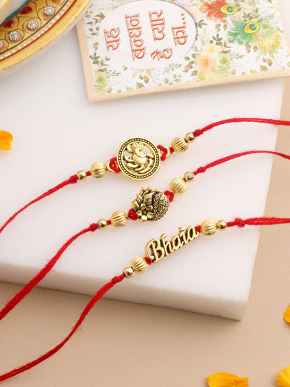 NVR Men Set of 3 Gold Toned Thread Rakhi with Roli Chawal Chandan & Mishri