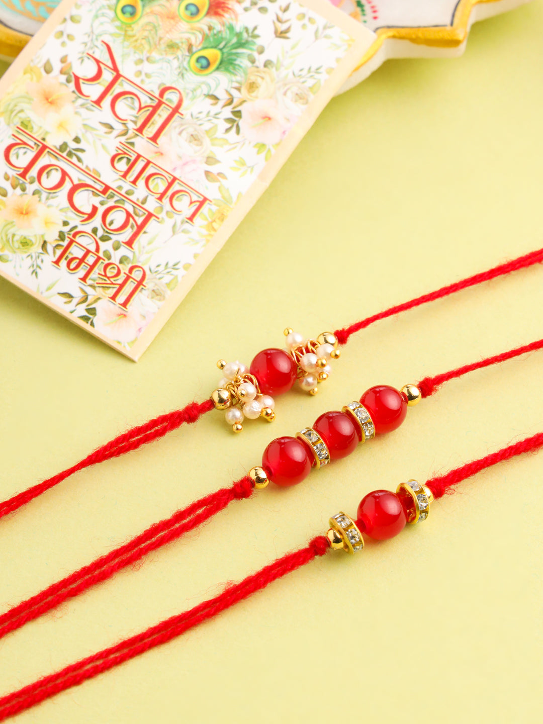 NVR Men Set of 3 Red Artificial Beads & Pearls Thread Rakhi with Roli Chawal Chandan & Mishri