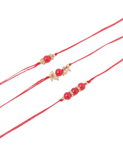 NVR Men Set of 3 Red Artificial Beads & Pearls Thread Rakhi with Roli Chawal Chandan & Mishri