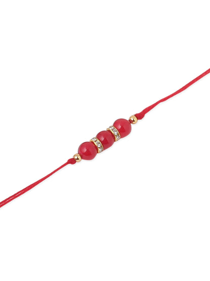 NVR Men Set of 3 Red Artificial Beads & Pearls Thread Rakhi with Roli Chawal Chandan & Mishri