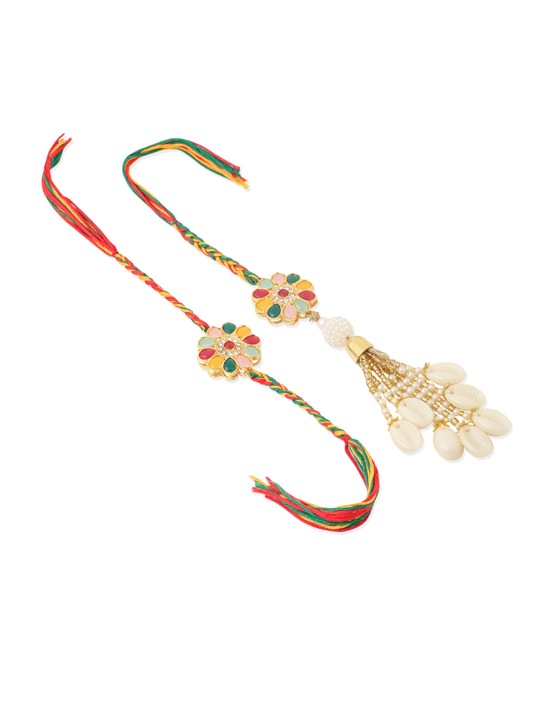 NVR Set of 2 Artificial Beads & Sea Shell Floral Design Bhaiya Bhabhi Rakhi Combo