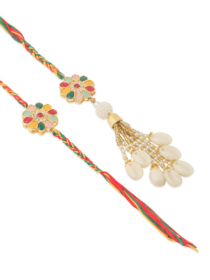 NVR Set of 2 Artificial Beads & Sea Shell Floral Design Bhaiya Bhabhi Rakhi with Roli Chawal Chandan & Mishri
