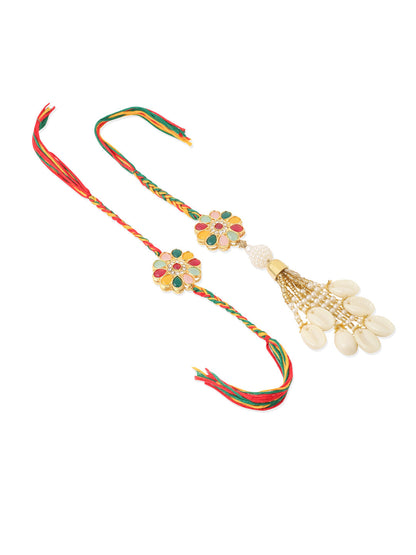 NVR Set of 2 Artificial Beads & Sea Shell Floral Design Bhaiya Bhabhi Rakhi with Roli Chawal Chandan & Mishri