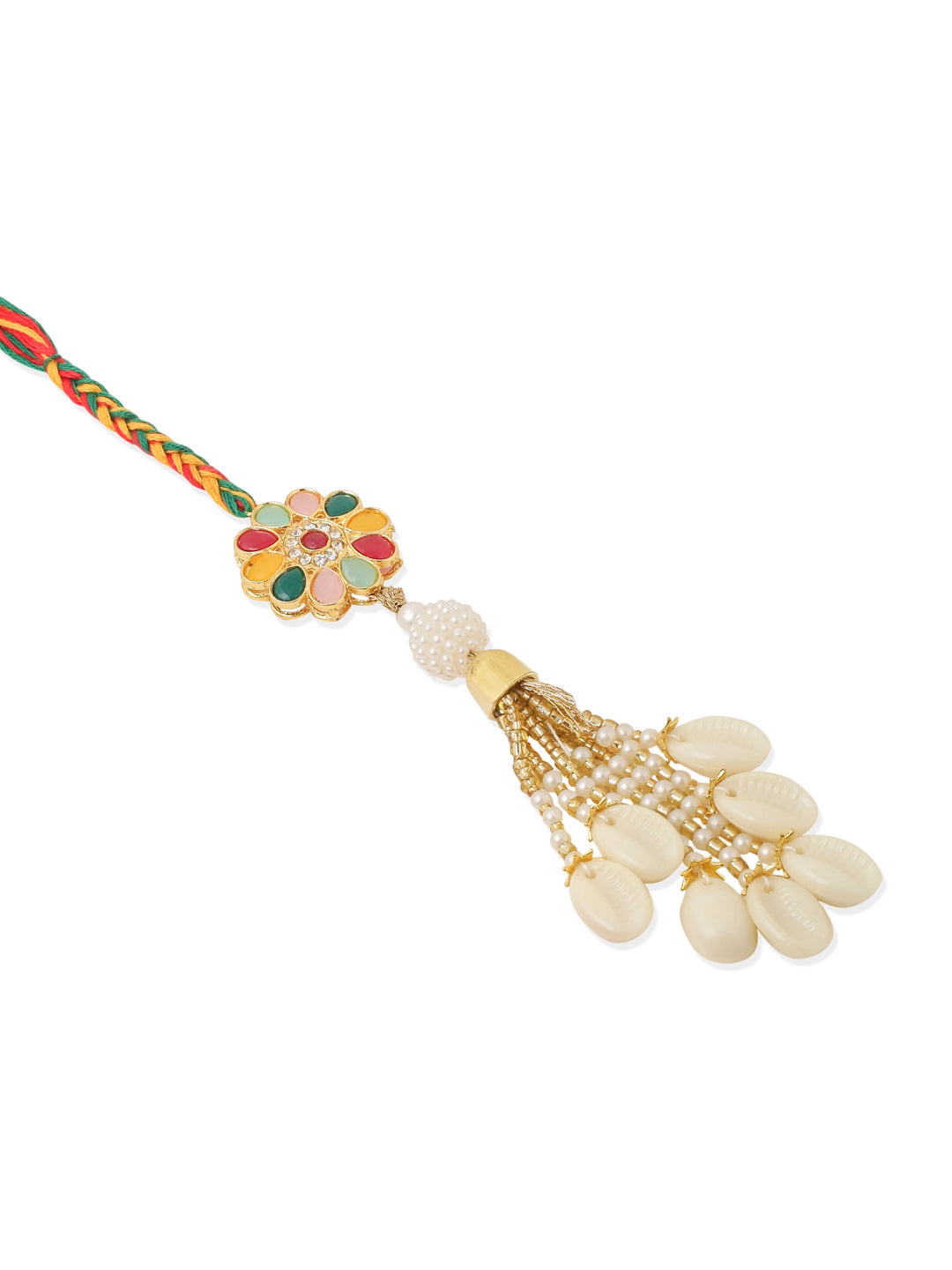 NVR Set of 2 Artificial Beads & Sea Shell Floral Design Bhaiya Bhabhi Rakhi with Roli Chawal Chandan & Mishri