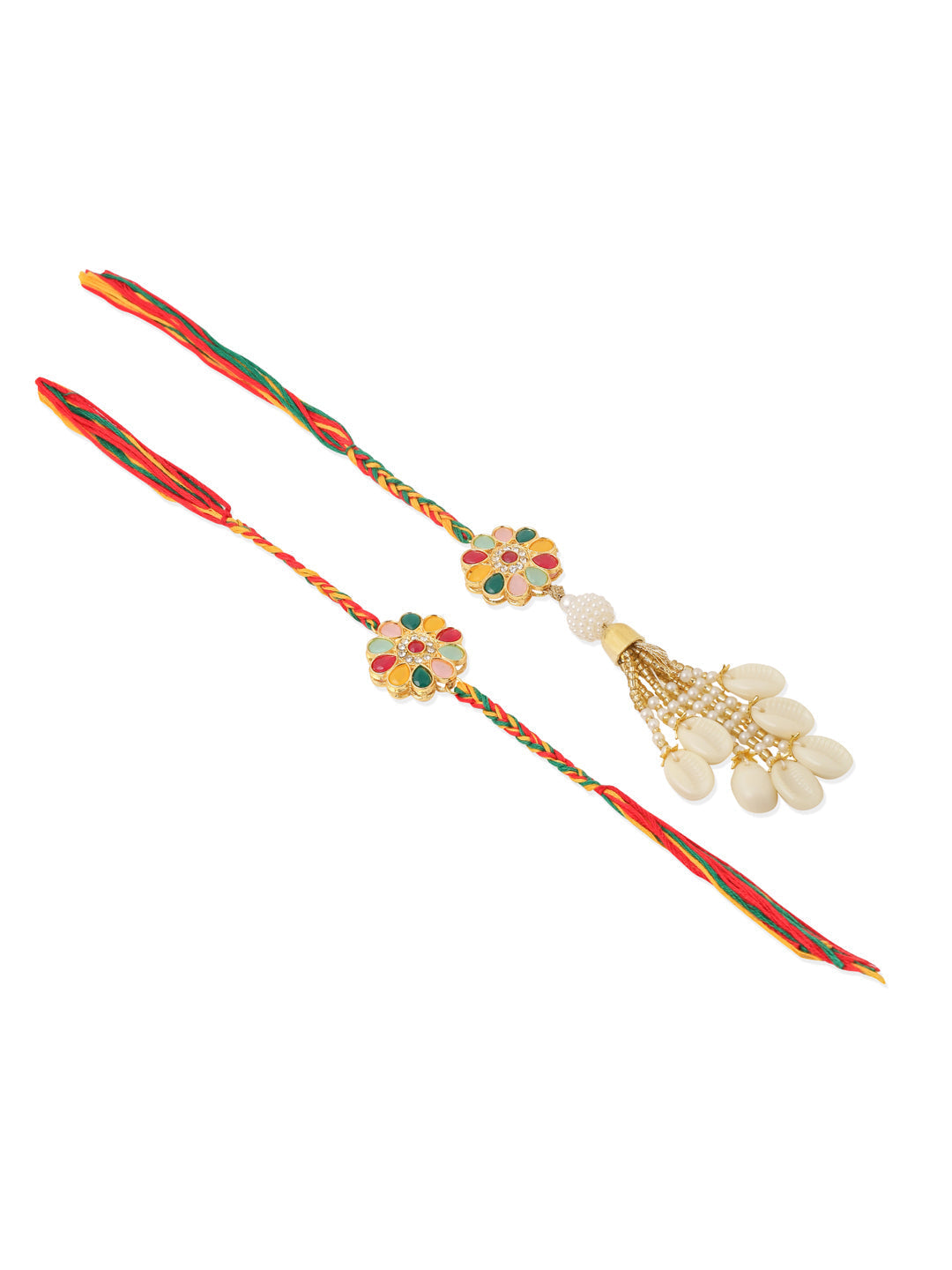 NVR Set of 2 Artificial Beads & Sea Shell Floral Design Bhaiya Bhabhi Rakhi with Roli Chawal Chandan & Mishri