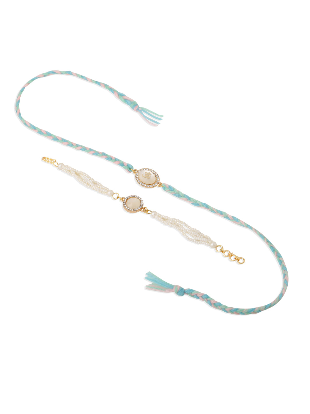 NVR Set of 2 White Pearls & Artificial Beads Bhaiya Bhabhi Rakhi Set, Combo for Rakshabandhan