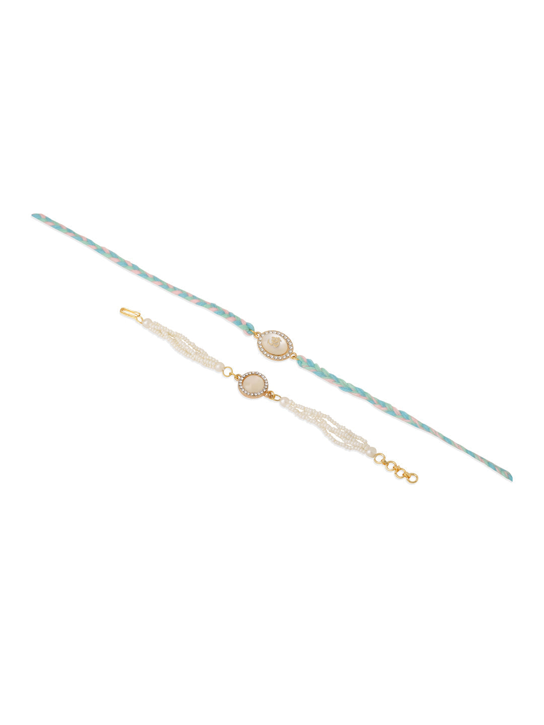NVR Set of 2 White Pearls & Artificial Beads Bhaiya Bhabhi Rakhi Set, Combo for Rakshabandhan