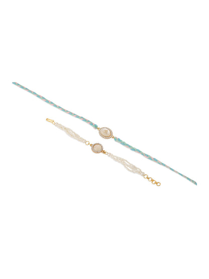 NVR Set of 2 White Pearls & Artificial Beads Bhaiya Bhabhi Rakhi Set, Combo for Rakshabandhan