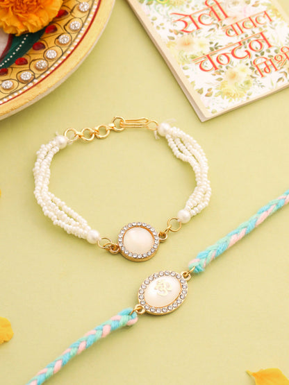 NVR Set of 2 White Pearls & Artificial Beads Bhaiya Bhabhi Rakhi with Roli Chawal Chandan & Mishri