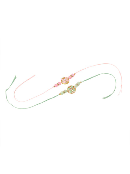 NVR Men Set of 2 Artificial Stones & Beads Floral Design Thread Rakhi with Roli Chawal Chandan & Mishri
