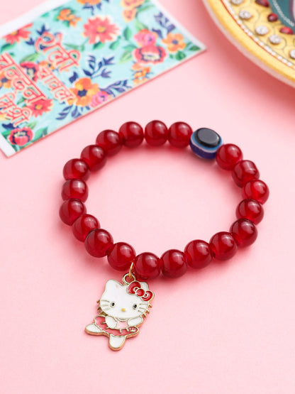 NVR Kids Cartoon Design Maroon Artificial Beads Thread Rakhi with Roli Chawal Chandan & Mishri