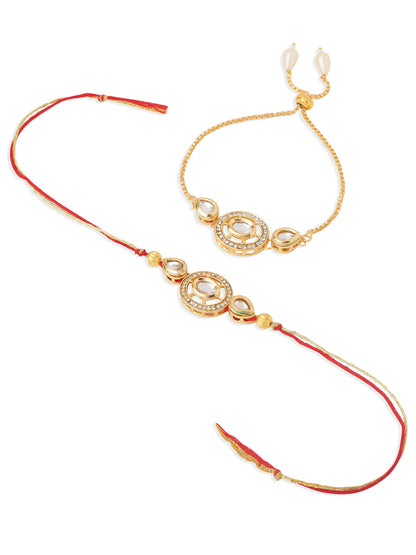 NVR Set of 2 Gold Toned Kundan Studded Bhaiya Bhabhi Rakhi Set, Combo for Rakshabandhan