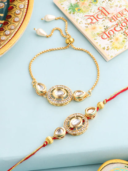 NVR Set of 2 Gold Toned Kundan Studded Bhaiya Bhabhi Rakhi with Roli Chawal Chandan & Mishri