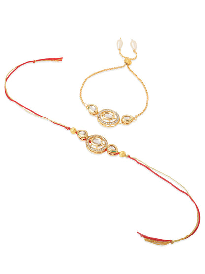 NVR Set of 2 Gold Toned Kundan Studded Bhaiya Bhabhi Rakhi with Roli Chawal Chandan & Mishri