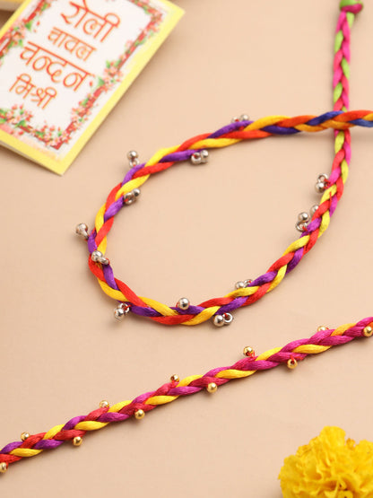 NVR Men Multicolor Artificial Beads Thread Rakhi with Roli Chawal Chandan & Mishri