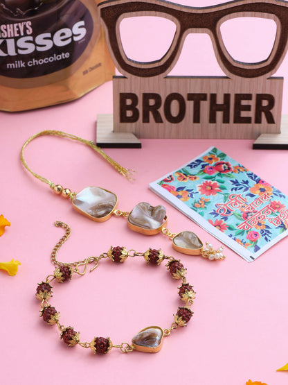 NVR Set of 2 Gold Toned Rudraksh & Pearls Bhaiya Bhabhi Rakhi Set, Combo for Rakshabandhan