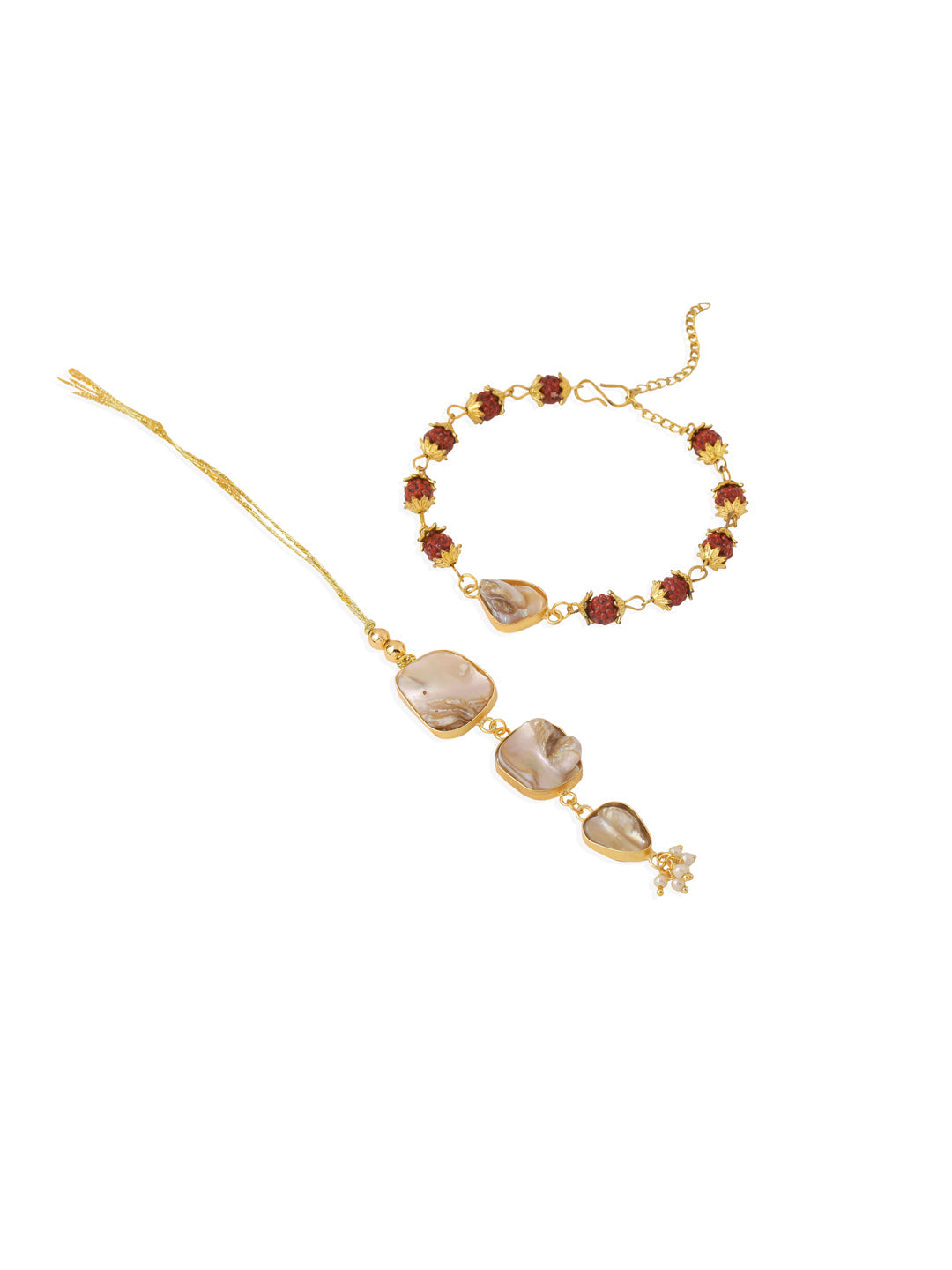 NVR Set of 2 Gold Toned Rudraksh & Pearls Bhaiya Bhabhi Rakhi Set, Combo for Rakshabandhan