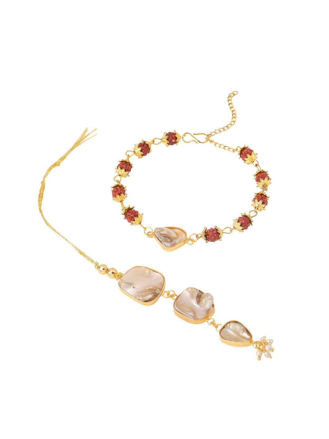 NVR Set of 2 Gold Toned Rudraksh & Pearls Bhaiya Bhabhi Rakhi with Roli Chawal Chandan & Mishri
