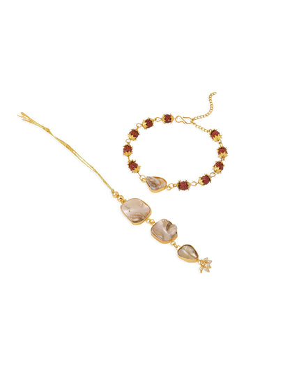 NVR Set of 2 Gold Toned Rudraksh & Pearls Bhaiya Bhabhi Rakhi with Roli Chawal Chandan & Mishri