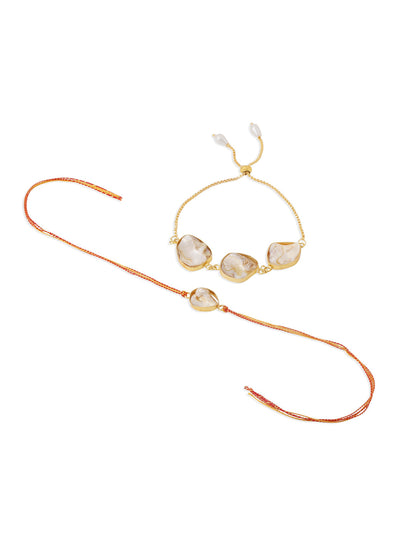 NVR Set of 2 Gold Toned Pearls Bhaiya Bhabhi Rakhi with Roli Chawal Chandan & Mishri