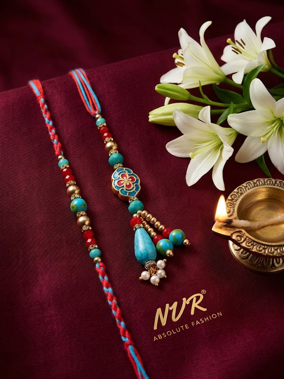 NVR Set of 2 Multicolor Artificial Beads Bhaiya Bhabhi Thread Rakhi With Roli Chawal