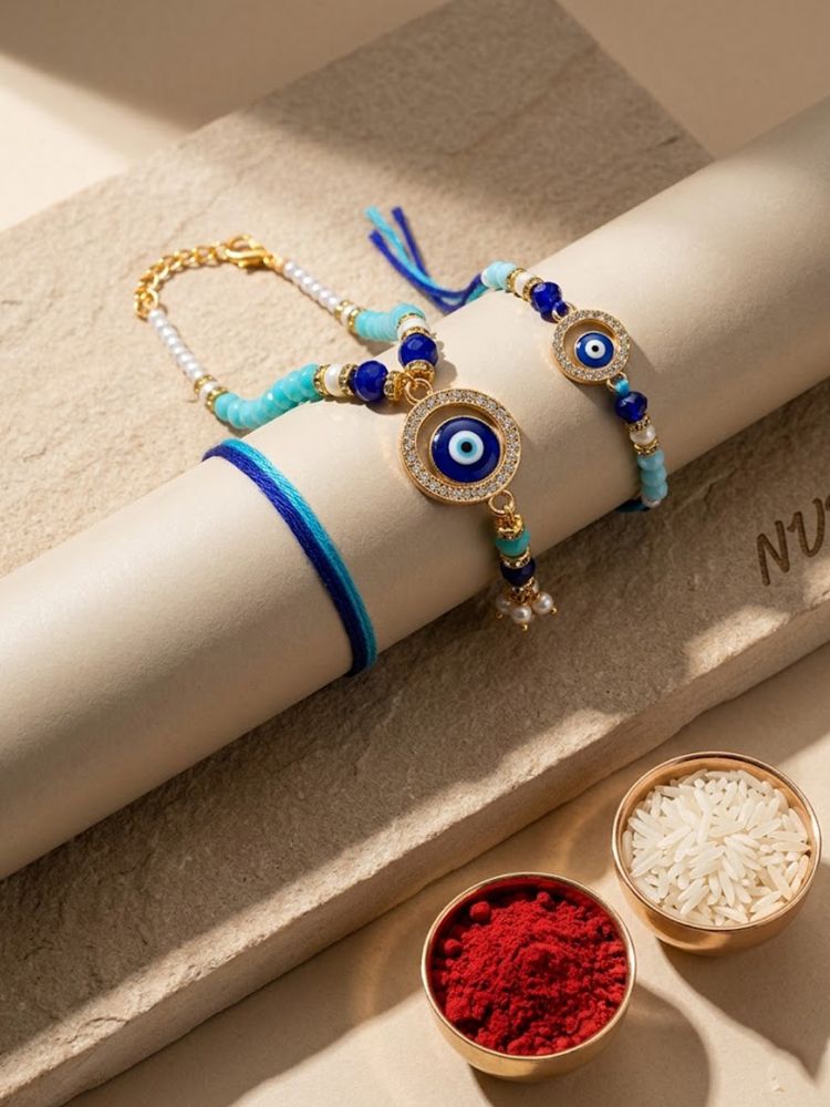 NVR Set of 2 Blue Evil Eye Gold Toned Beaded Bhaiya Bhabhi Rakhi with Roli Chawal Chandan