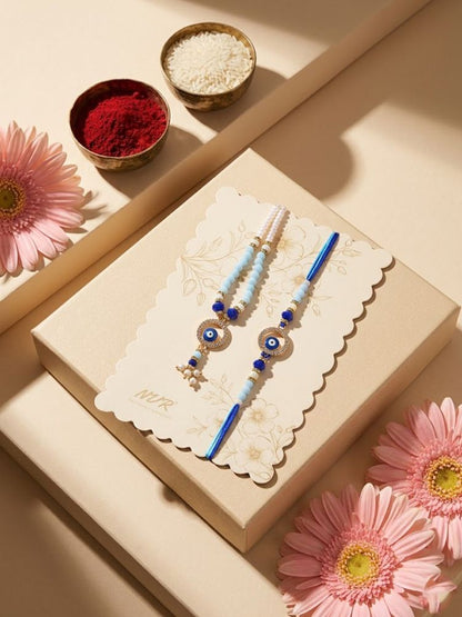 NVR Set of 2 Blue Evil Eye Gold Toned Beaded Bhaiya Bhabhi Rakhi with Roli Chawal Chandan