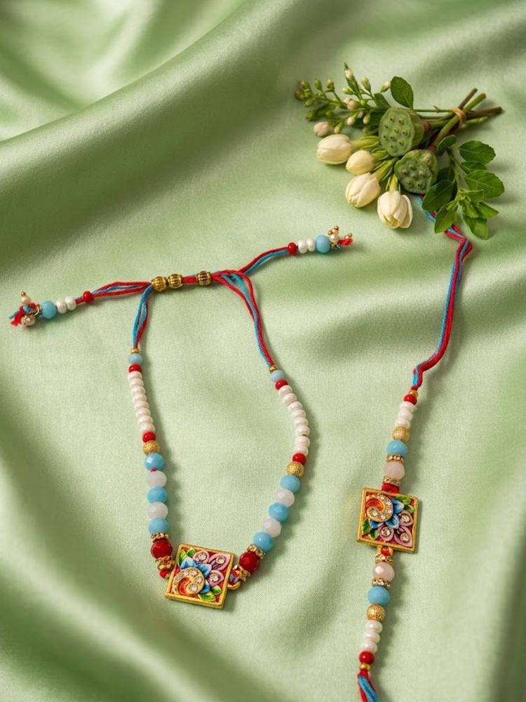 NVR Set of 2 Multicolor Artificial Beads Bhaiya Bhabhi Rakhi With Roli Chawal Chandan