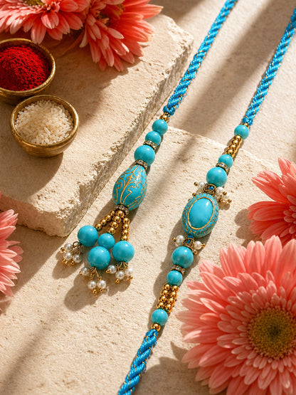 NVR Set of 2 Turquoise Blue Artificial Beads Bhaiya Bhabhi Rakhi with Roli Chawal Chandan