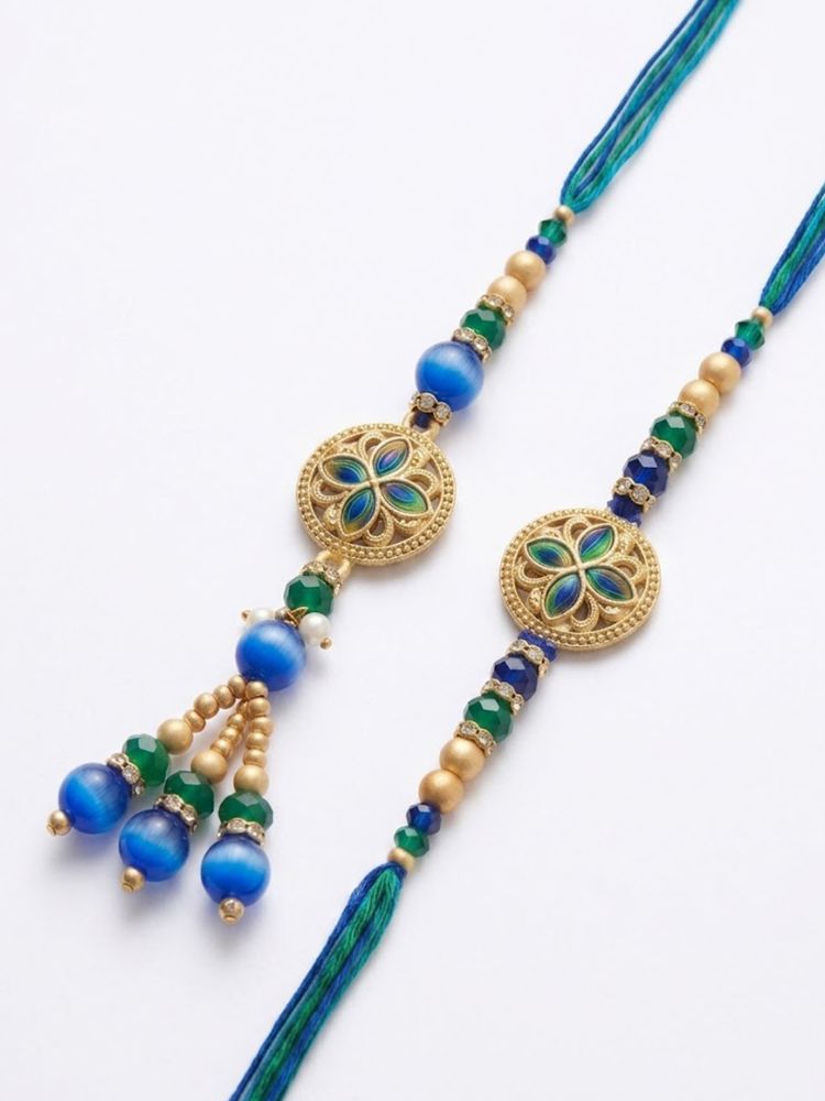 NVR Set of 2 Blue Artificial Beads Morpankh Style Bhaiya Bhabhi Rakhi with Roli Chawal