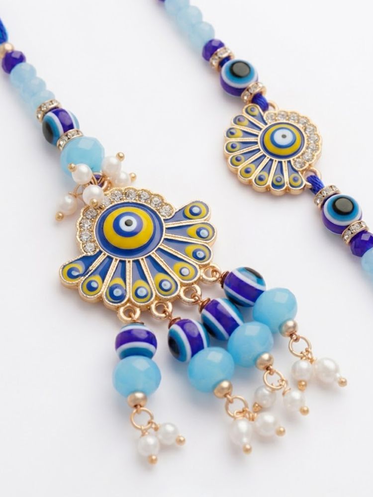 NVR Set of 2 Blue Evil Eye Artificial Beads Bhaiya Bhabhi Rakhi With Roli Chawal