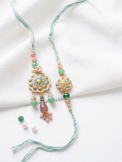 NVR Set of 2 Round Artificial Beads Traditional Bhaiya Bhabhi Rakhi with Roli Chawal