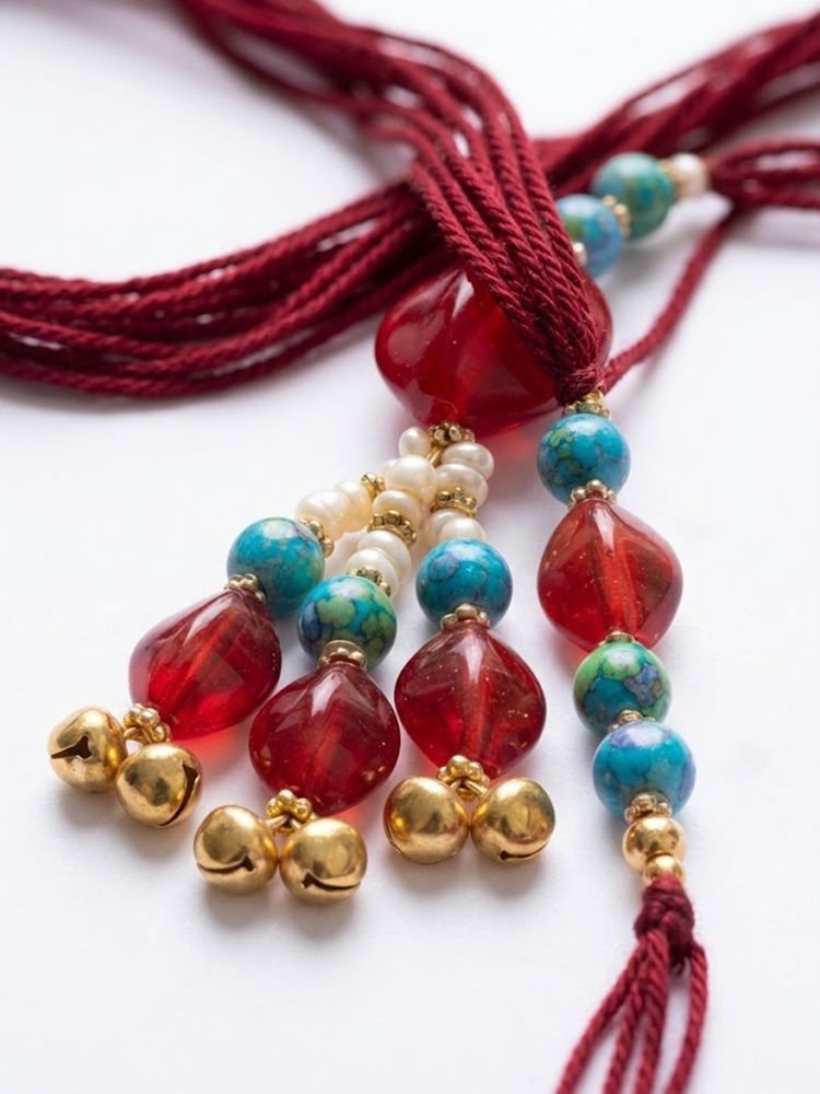 NVR Set of 2 Artificial Beads & Gold Toned Ghungroo Bhaiya Bhabhi Rakhi with Roli Chawal