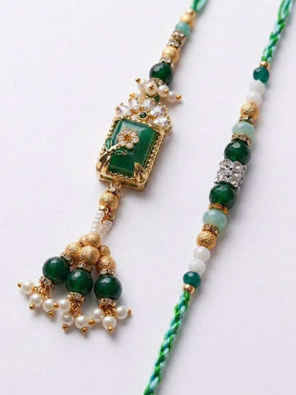 NVR Set of 2 Green Artificial Beads Traditional Bhaiya Bhabhi Rakhi with Roli Chawal