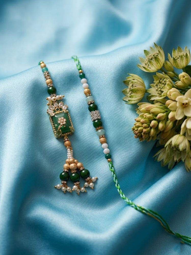 NVR Set of 2 Green Artificial Beads Traditional Bhaiya Bhabhi Rakhi with Roli Chawal