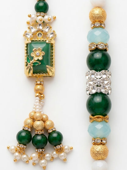 NVR Set of 2 Green Artificial Beads Traditional Bhaiya Bhabhi Rakhi with Roli Chawal