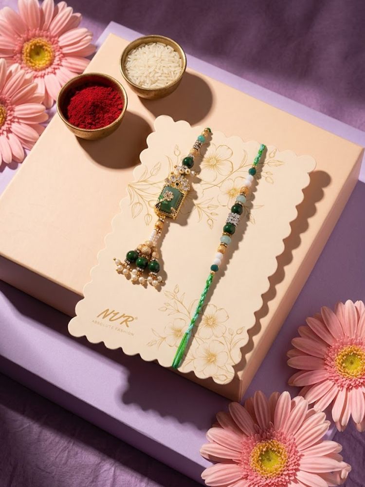 NVR Set of 2 Green Artificial Beads Traditional Bhaiya Bhabhi Rakhi with Roli Chawal